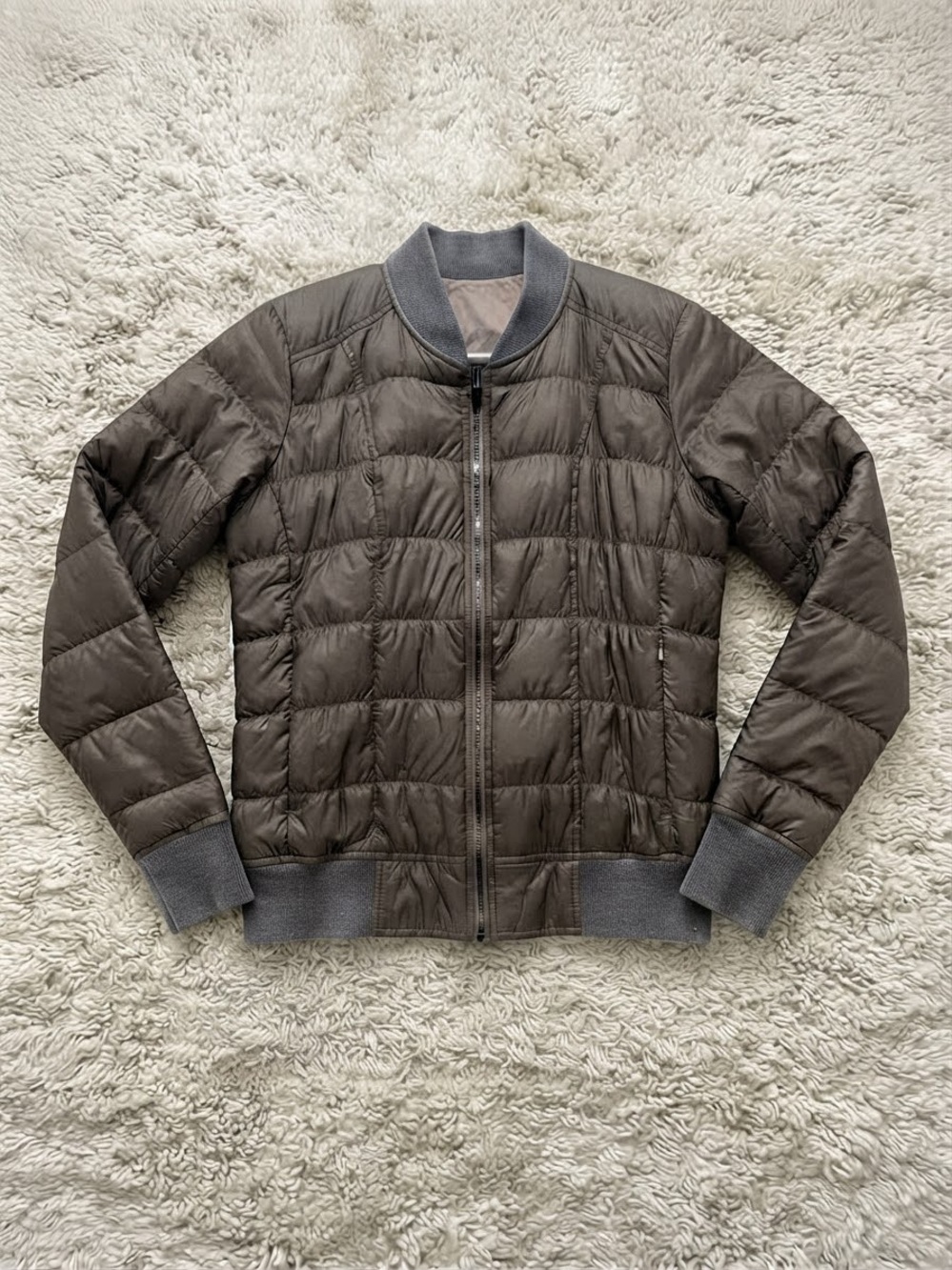 Athleta Quilted Bomber Jacket in Taupe with Gray Trim